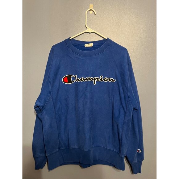 Y2K Champion Reverse Weave Blue Embroidered Logo Crewneck Sweatshirt Unisex SZ L - Picture 1 of 12